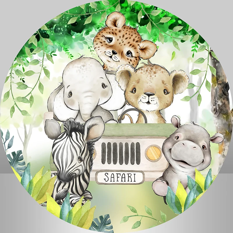 Baby Car Jungle Safari Party Animals Baby Shower Circle Round Backdrop Cover Green Leaves Kids Birthday Party Decoration Banner