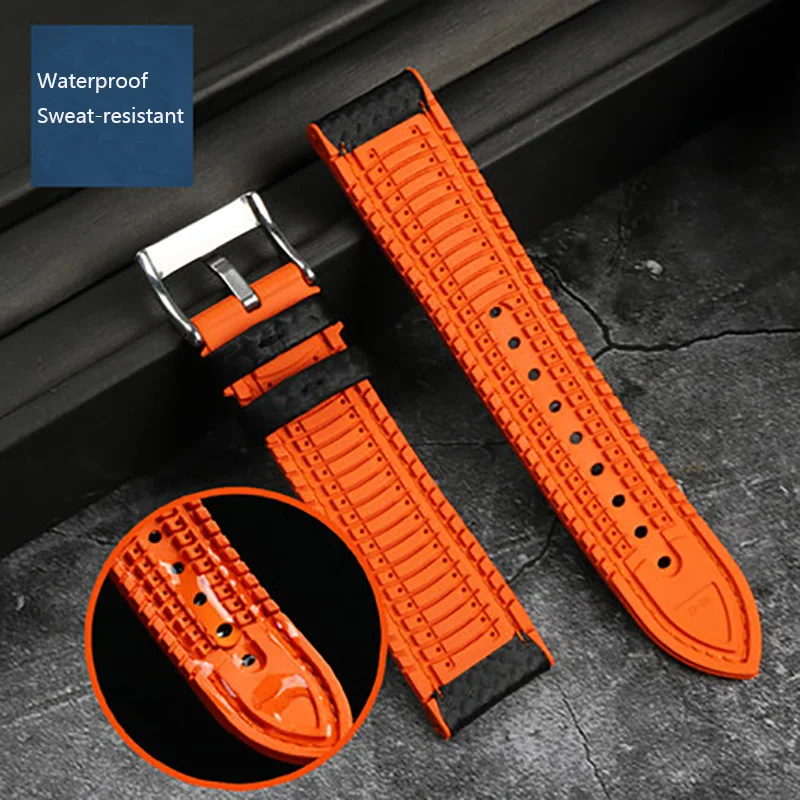 20mm 22mm for Fossil WatchBand Carbon Fibre Rubber Strap for Mido T-issot Stainless Steel Clasp Waterproof Sport Watch Chain