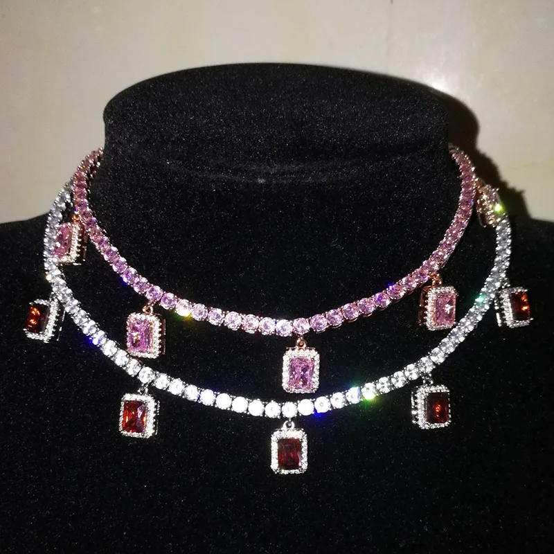 

Hip Hop Bling Ice Out Pink CZ Stone Tennis Link Chain Necklace for Men Women Square Cubic Zirconia Chokers Fashion Charm Jewelry