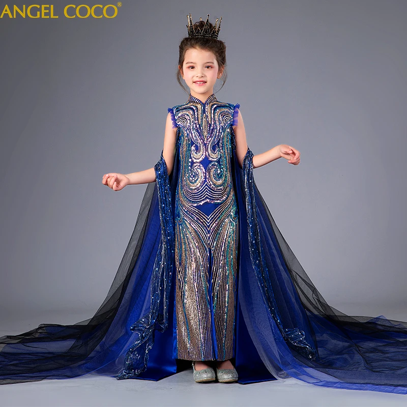 Girl Dresses For Weddings Red Carpet Costume Lace Sequins Gowns Kids Graduation Gown Children Pageant Communion Dresses For Girl