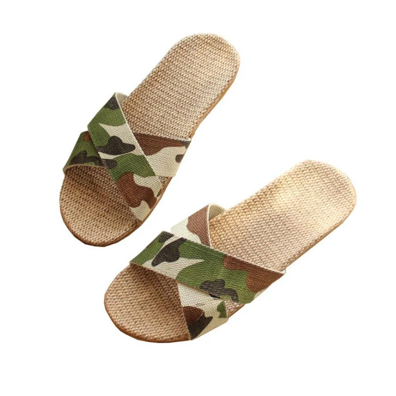 New Summer Linen Slippers Camouflage Cross Belt Home Sandals Military Style Slides EVA Soles