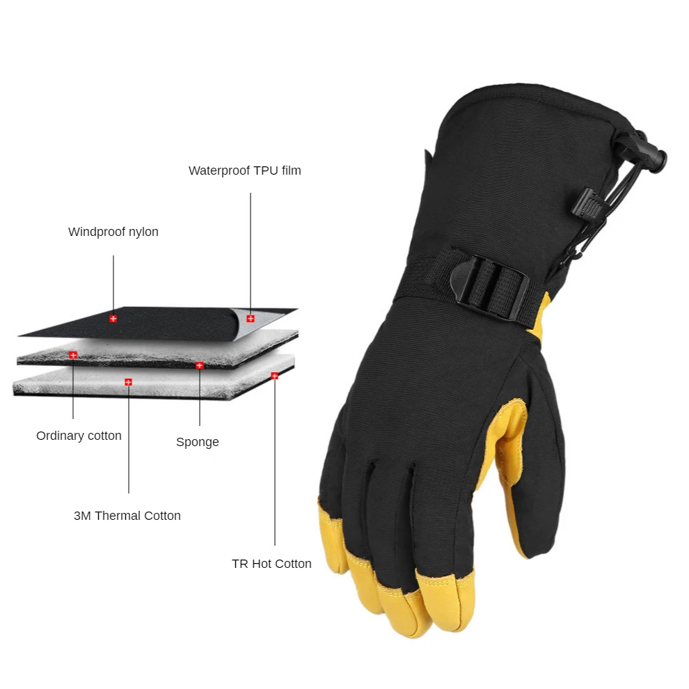 Cowhide Long Warm Ski Gloves Five-finger Waterproof Windproof Winter Snowboard Gloves Motorcycle Cycling Snow Mittens