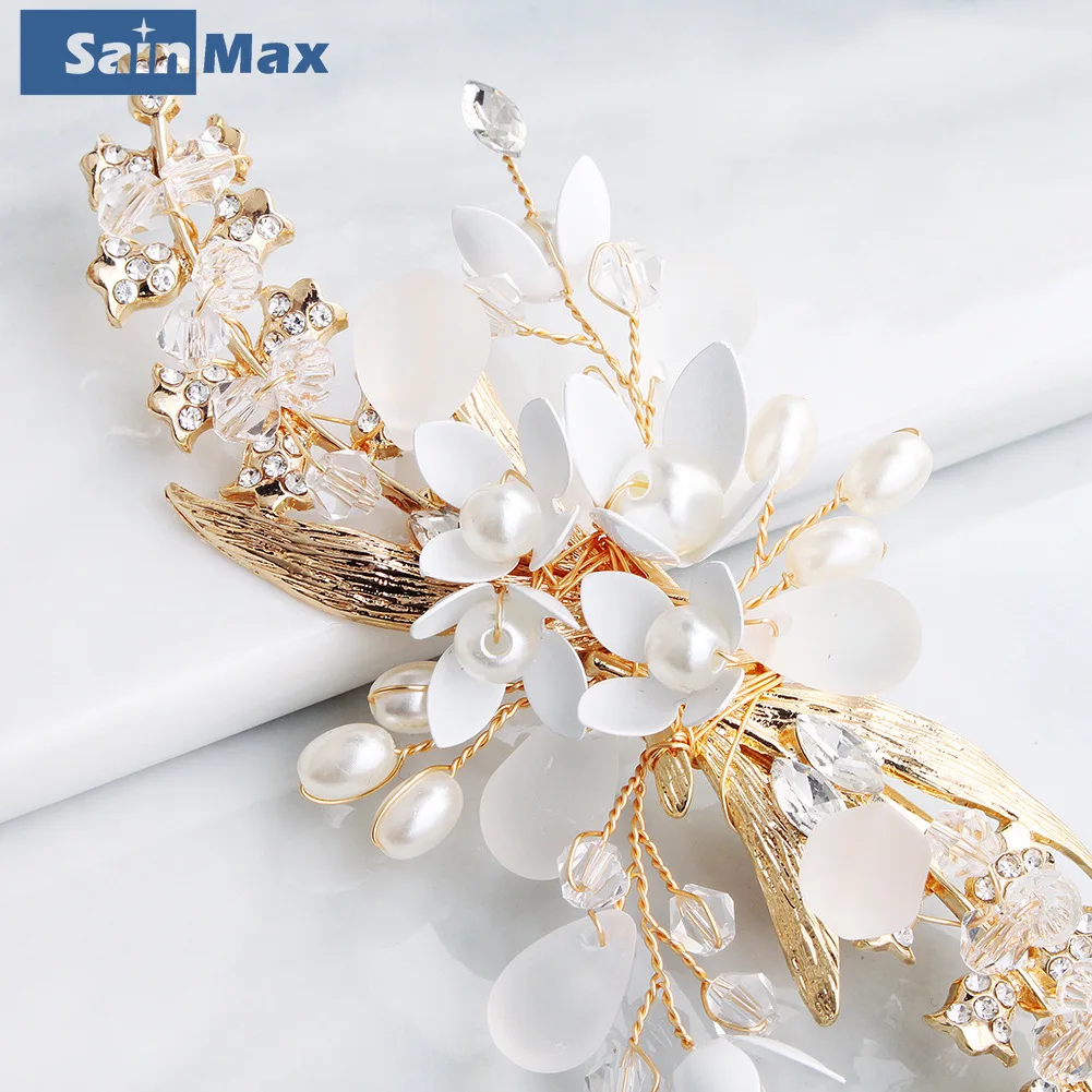 Sainmax pérola grampo de cabelo para casamento bridial acessórios para o cabelo cristal liga flor jóias do cabelo ouro cor enfeites de cabelo