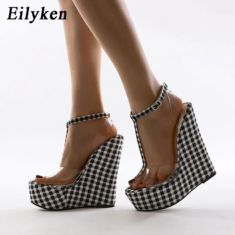 Eilyken Fashion Gingham Thick Bottoms Wedge Women Sandals Ankle Buckle Strap Platform High Heels PVC Transparent Female Shoes