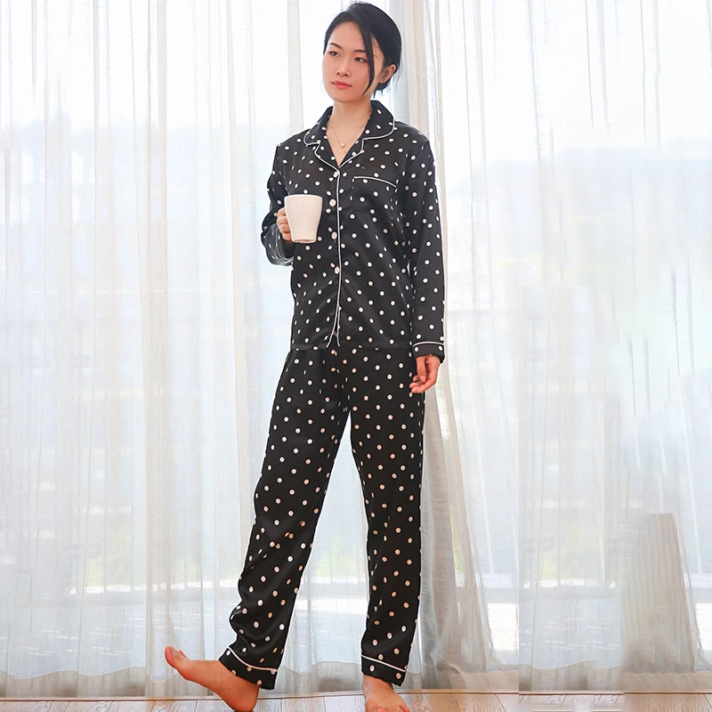 Long Sleeve Womens Silk Pajamas Pyjamas Set Dot Sleepwear Pijama Homewear Suit Female Sleep Two Piece Set Women\'s Loungewear