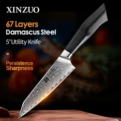 XINZUO 5'' Utility Knife 67 Layers Damascus VG10 Steel Black G10 & Mosaic Brass Rivet Handle Newarrive Kitchen Fruit Knives