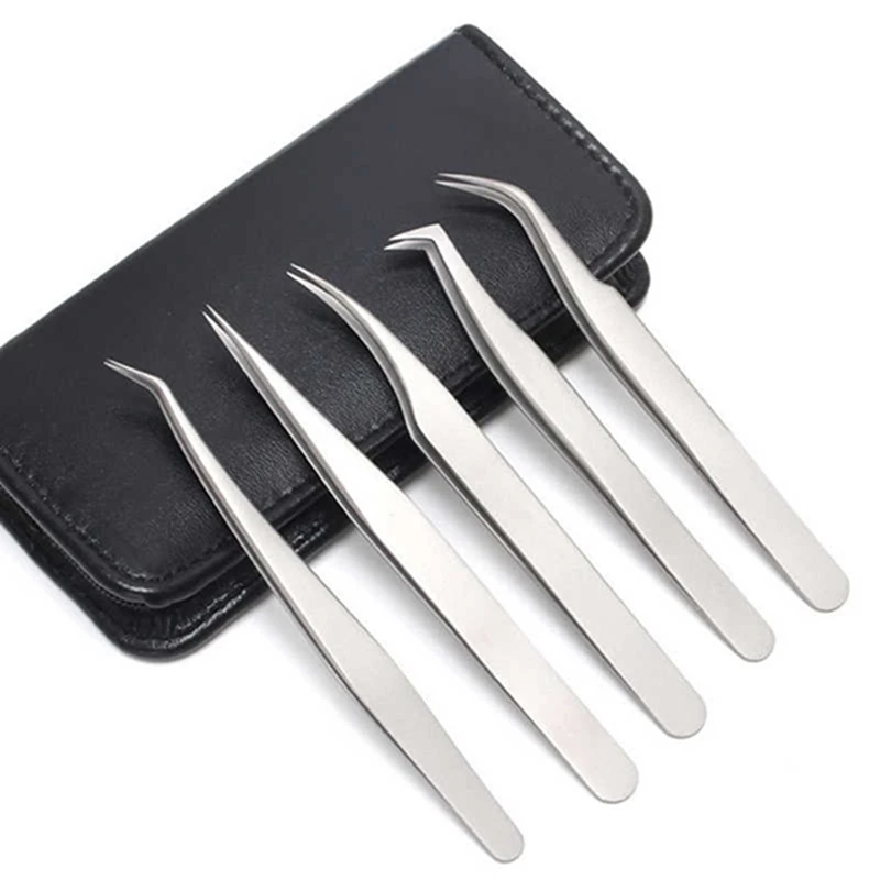 

5PCS Stainless Steel Silver Color False Eyelashes Applicator Eyelash Extention Tweezers with PU Case Multi function Tweezers Too