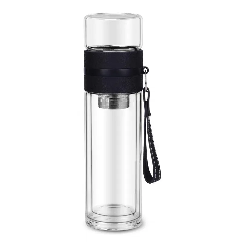 325ml Glass Water Bottles for Dink Tea with Infuser Double Wall Bottle for Water Brief Portable Outdoor Travel Beige & Black