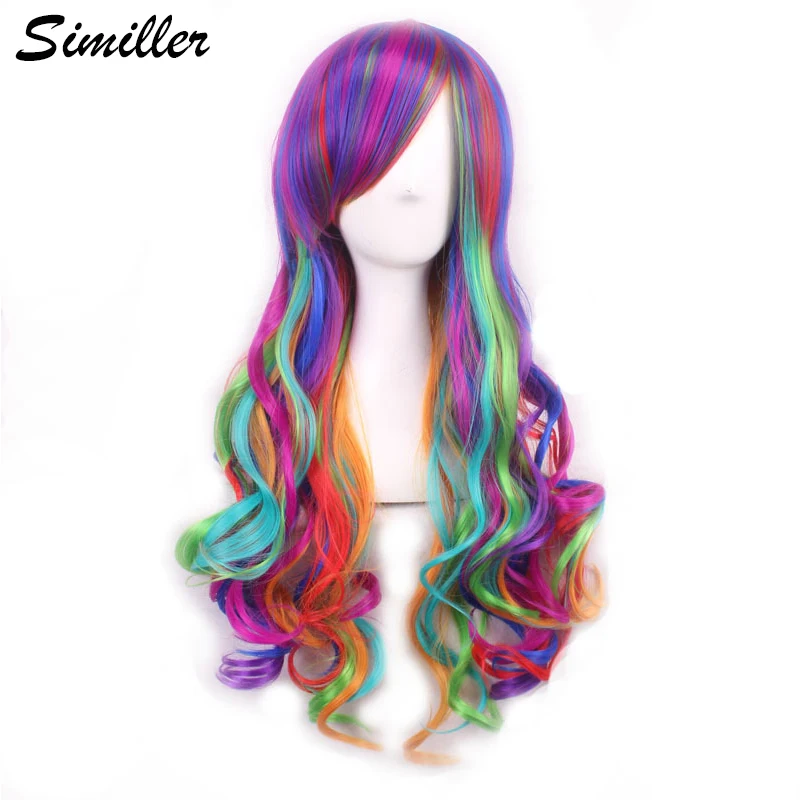 Similler Anime Synthetic Cosplay Wigs for Women High Temperature Fiber Long Curly Rainbow Wig with Bangs