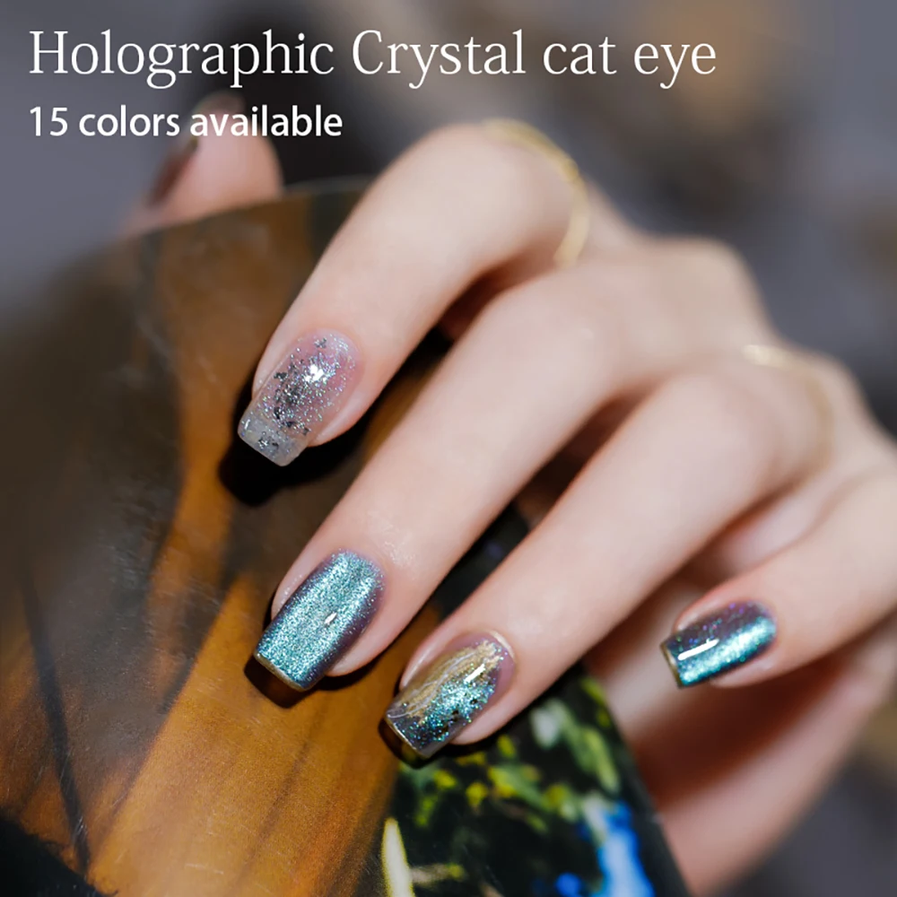 Vendeeni 15 Colors Holographic Crystal Cat Eye Gel Nail Polish 9D Aurora Cat Eye Gel Varnish Magnetic Hybrid UV Nail Gel Lacquer