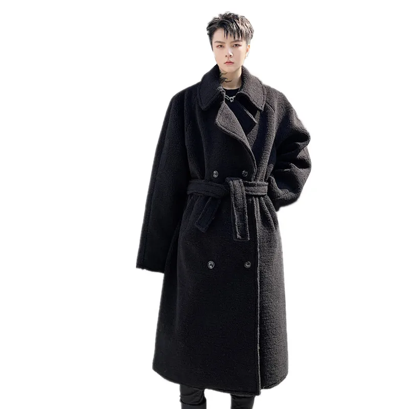 Men\'s Double Breasted Medium And Long Knee Coat Winter Coat New Korean Fashion Youth Large Plush Thickened Loose Coat