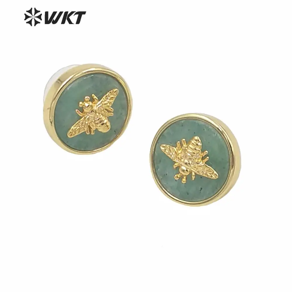 

WT-E637 Wholesale Gold Bezel Round Big Bee Studs Women Hot Sales Natural Stone Setting Annimal Earrings Accessories