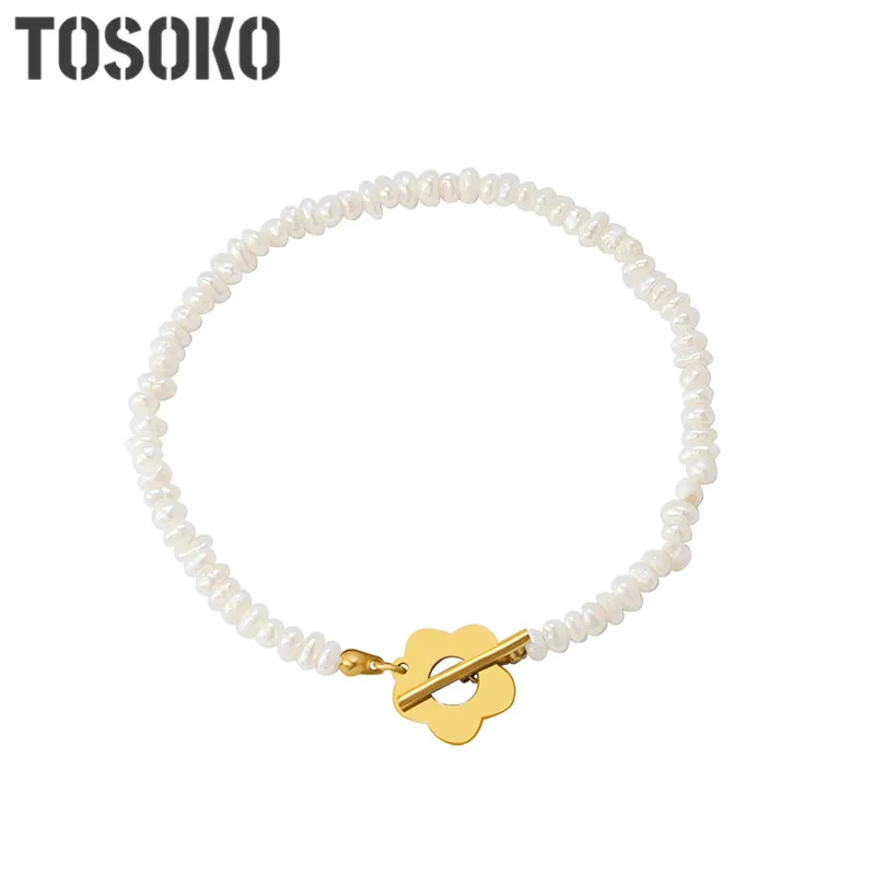 

TOSOKO Stainless Steel Jewelry Natural Freshwater Pearl Flower OT Buckle Bracelet Women's Elegant And Sweet Bracelet BSE158