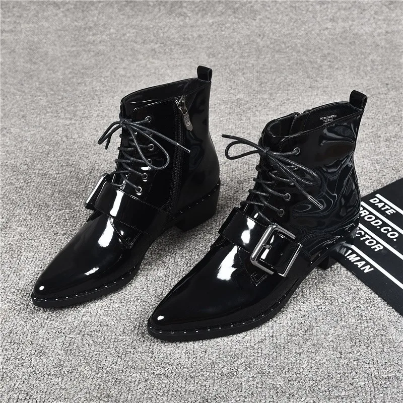 

Euro Autumn Winter New Lace Up Zip Buckle Womens Motorcycle Boots Fashion British Pointed Toe Patent Leather Female Short Boots