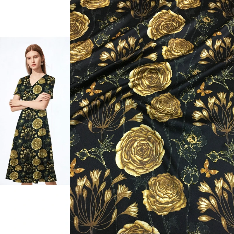 

Camellia print black background vintage gold stretch digital printing natural mulberry silk high fashion textile fabric