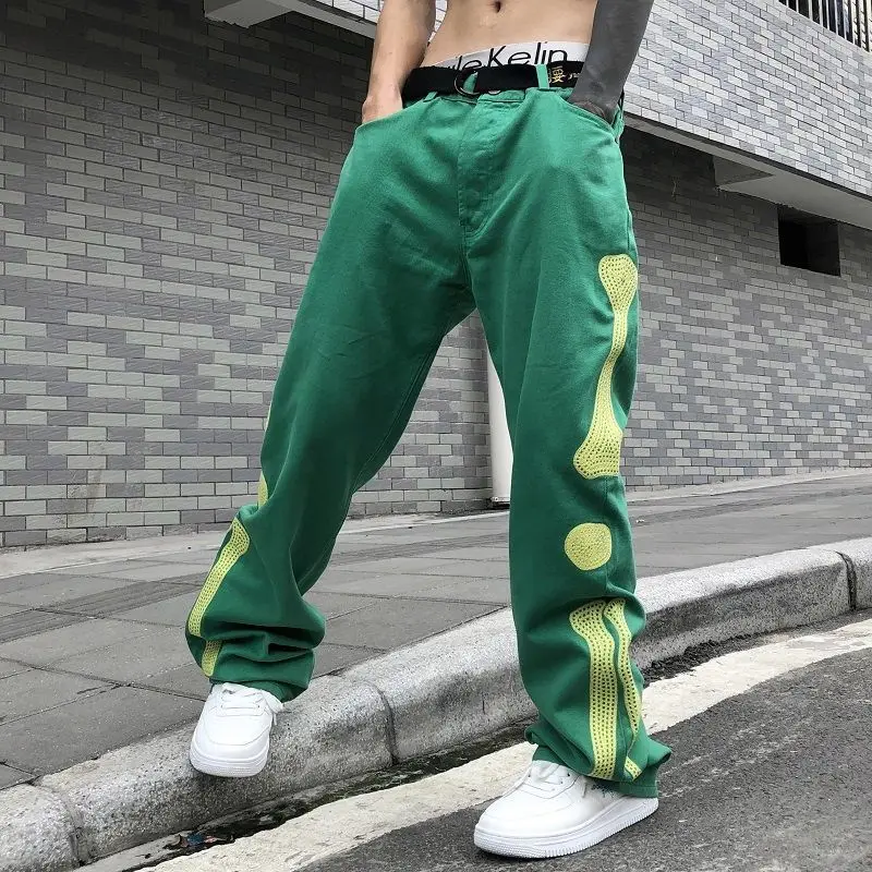 Bone Embroidery Green Jeans Mens High Street Design Hip Hop Streetwear Loose Straight Trousers Kapital Cargo Pants Male Joggers