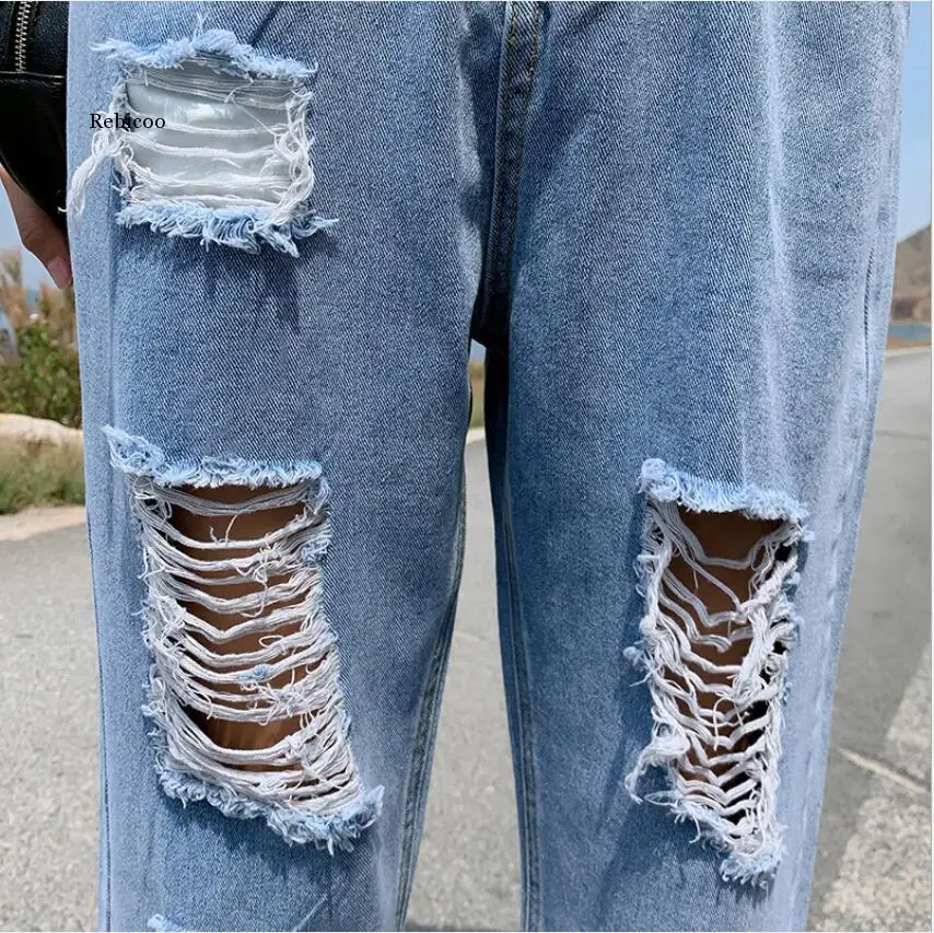 Women Elastic Loose High Waist Mom Ripped Jeans Woman  High Street Slim Feet Demin Straight Pencil Pants S-5XL