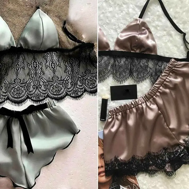 Pyjama en dentelle satinée à bretelles pour femmes, lingerie sexy, vêtements de nuit, col en V, ensemble haut et short en fibre, kit de nuisette