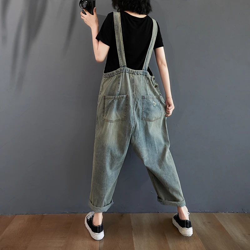 #2306 Spring Vintage Jeans Jumpsuits Women Loose Wide Leg Rompers Womens Retro Long Denim Jumpsuit Ladies Front Pockets