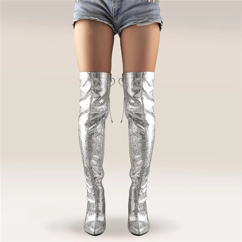 Onlymaker Women Pointed Toe Metallic Silver Over the Knee Boots Thin High Heel  Slim Heel  Side Zip Glitter Fashion Long Boots