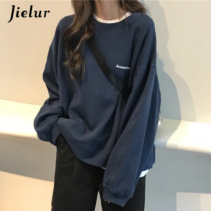 Jielur-Sudadera con capucha y letras Kpop para mujer, suéter fino y elegante de estilo coreano, moderno, color azul marino y gris, M-XXL