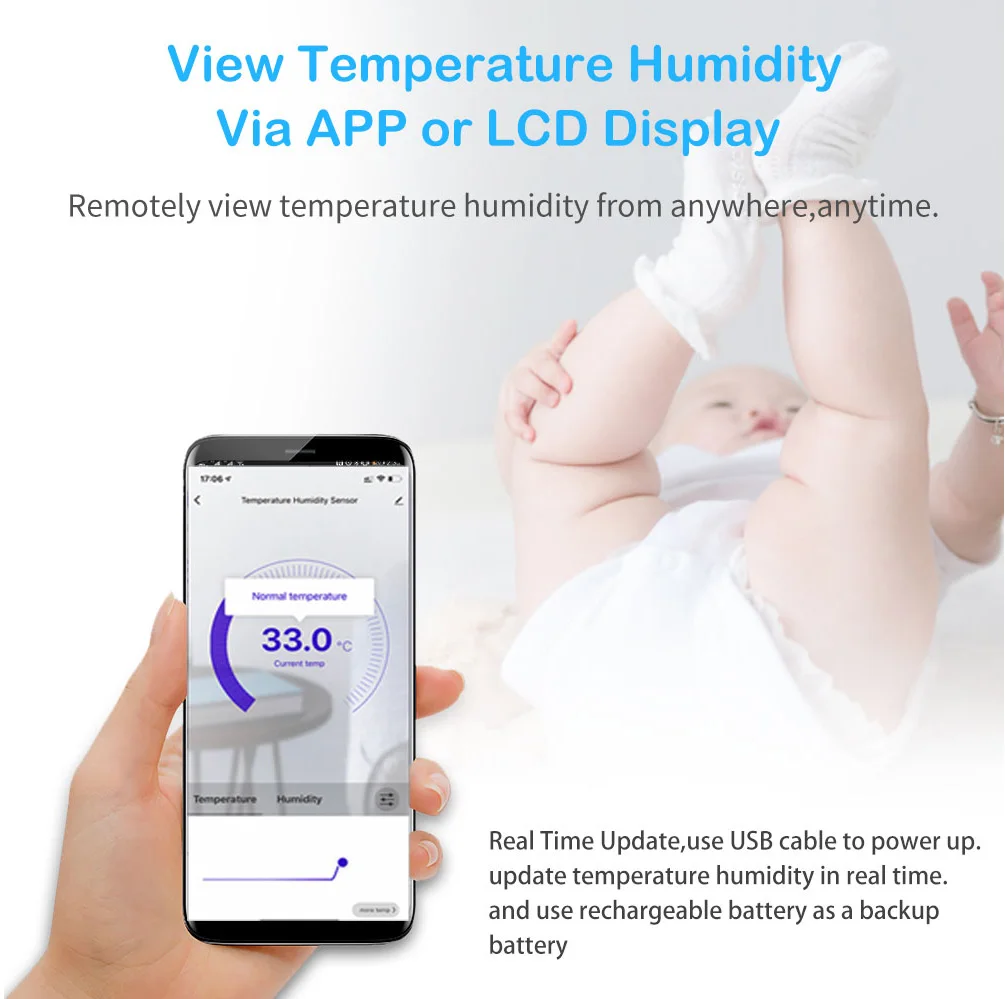 Tuya Smart WIFI Hygrometer Thermometer With External Temperature Humidity Detector,USB Charge or Rechargable Battery