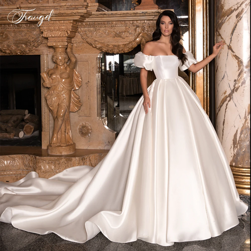 

Атласные свадебные платья Traugel без бретелек, элегантное свадебное платье с короткими пышными рукавами и открытой спиной, свадебное платье с часовней и шлейфом