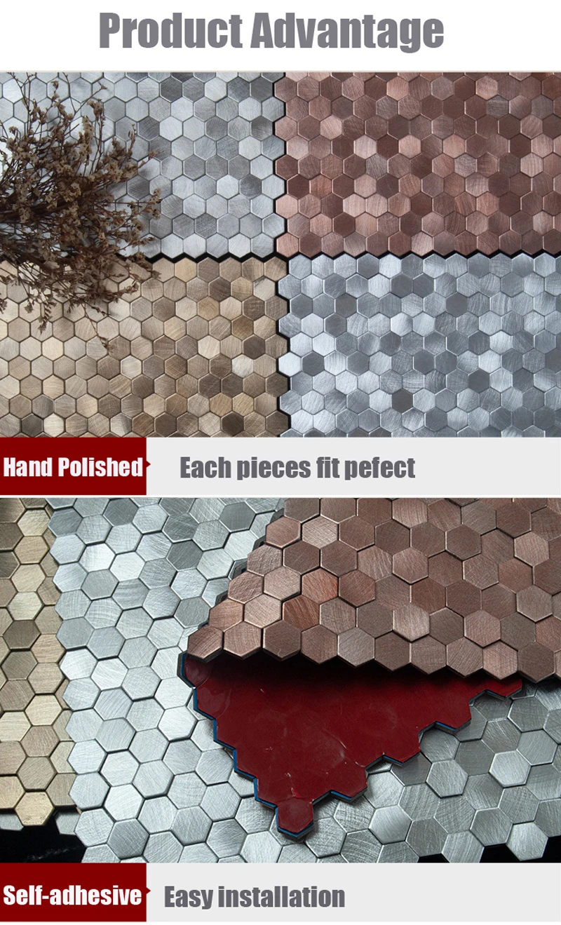 One BOX 11 Pieces Self-Adhesive Concave 3D Metal Mosaic Tile Aluminum Hexagon Metal Mosaic for Counter Living Room TV Background