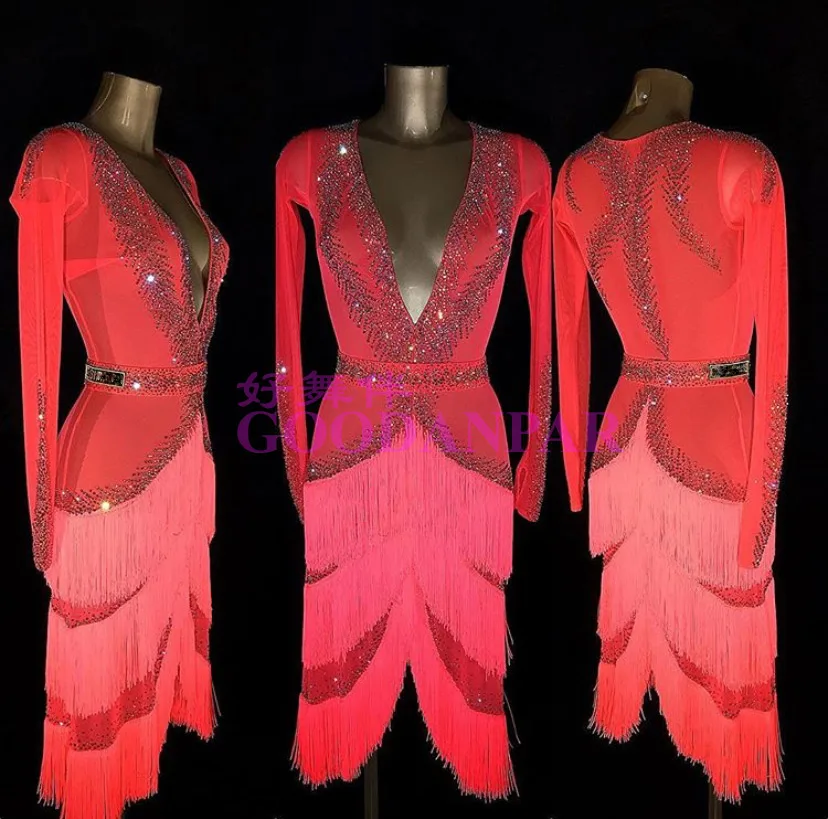 Latin dress fringe  Latin dance dress competition Latin dance costume Red good stone Rumba dress Sexy dance dress GOODANPAR