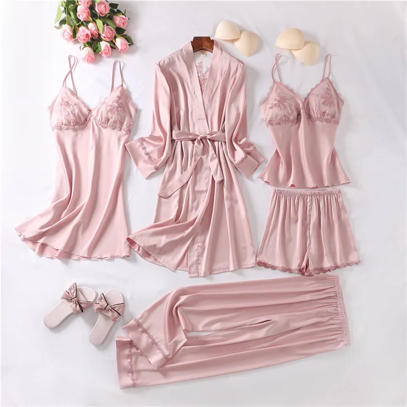 Sleepwear With Lace Women Pajamas Set Sexy 5 Pieces Robe Suit Kimono Gown Sexy Loungewear V-neck Bathrobe Lingerie Nightwear
