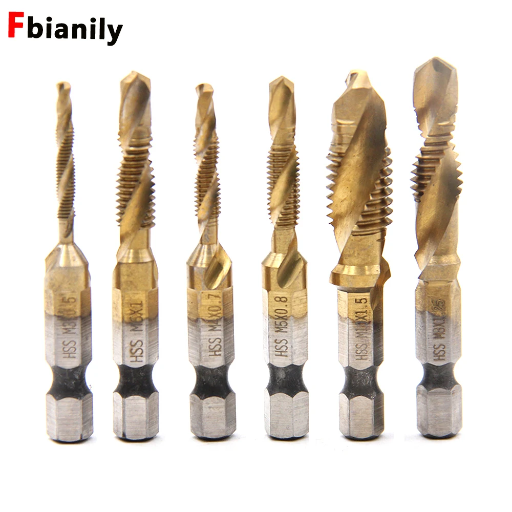 6Pcs Tap Drill Bit Set Hex Shank Titanium Plated HSS Screw Thread Bit Screw Machine Compound Tap M3 M4 M5 M6 M8 M10 Hand Tools