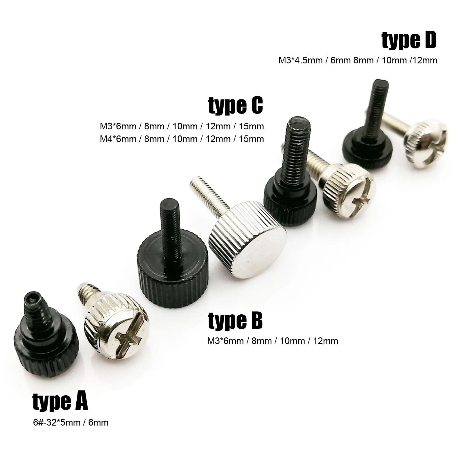 5pcs 6#-32 M3 M4 Black Silver Carbon Steel PC Computer Case Cover Slotted Phillips Head Hand Tighten Bolt Thumbscrew Thumb Screw