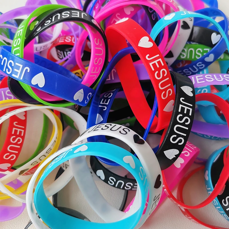 20PCS Lots Jesus Silicone Bracelets Devout Christian Church Prayer Rubber Band Night Glow Mix Color Hand Wristband Brand Jewelri