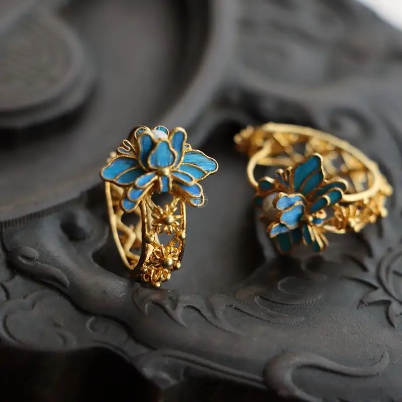 Original cloisonne lotus retro filigree winding earrings designer unique ancient gold craft charm ladies silver jewelry