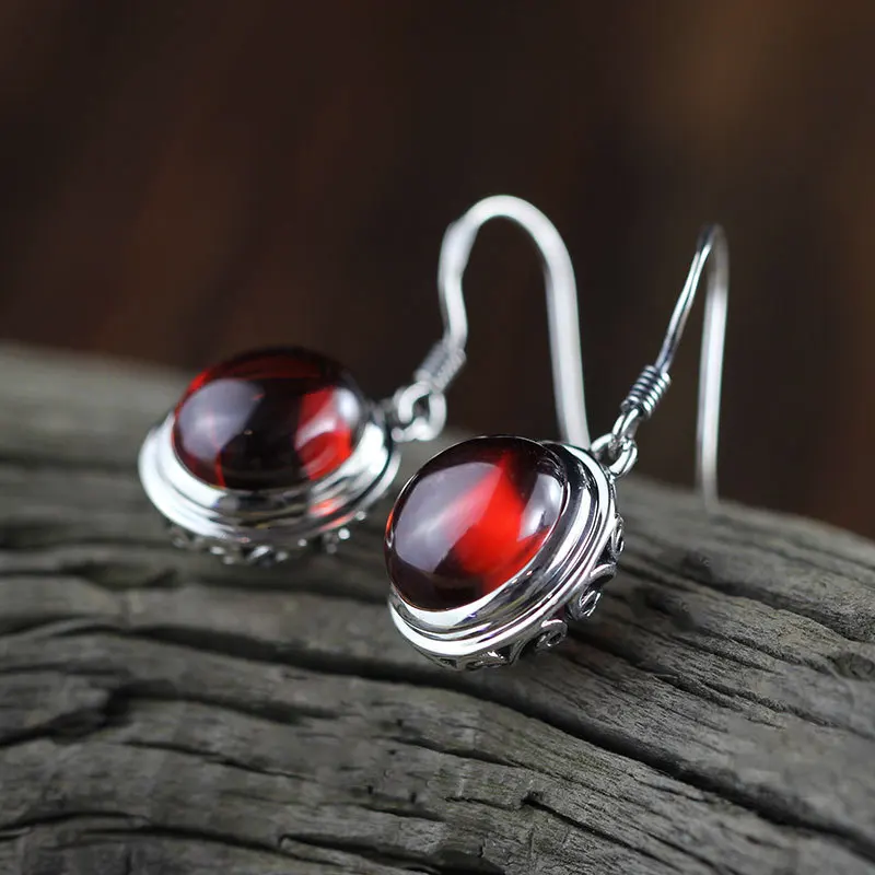 KJJEAXCMY Fine Jewelry Thai silver vintage earrings S925 sterling silver jewelry ladies hollow red corundum green agate garnet e