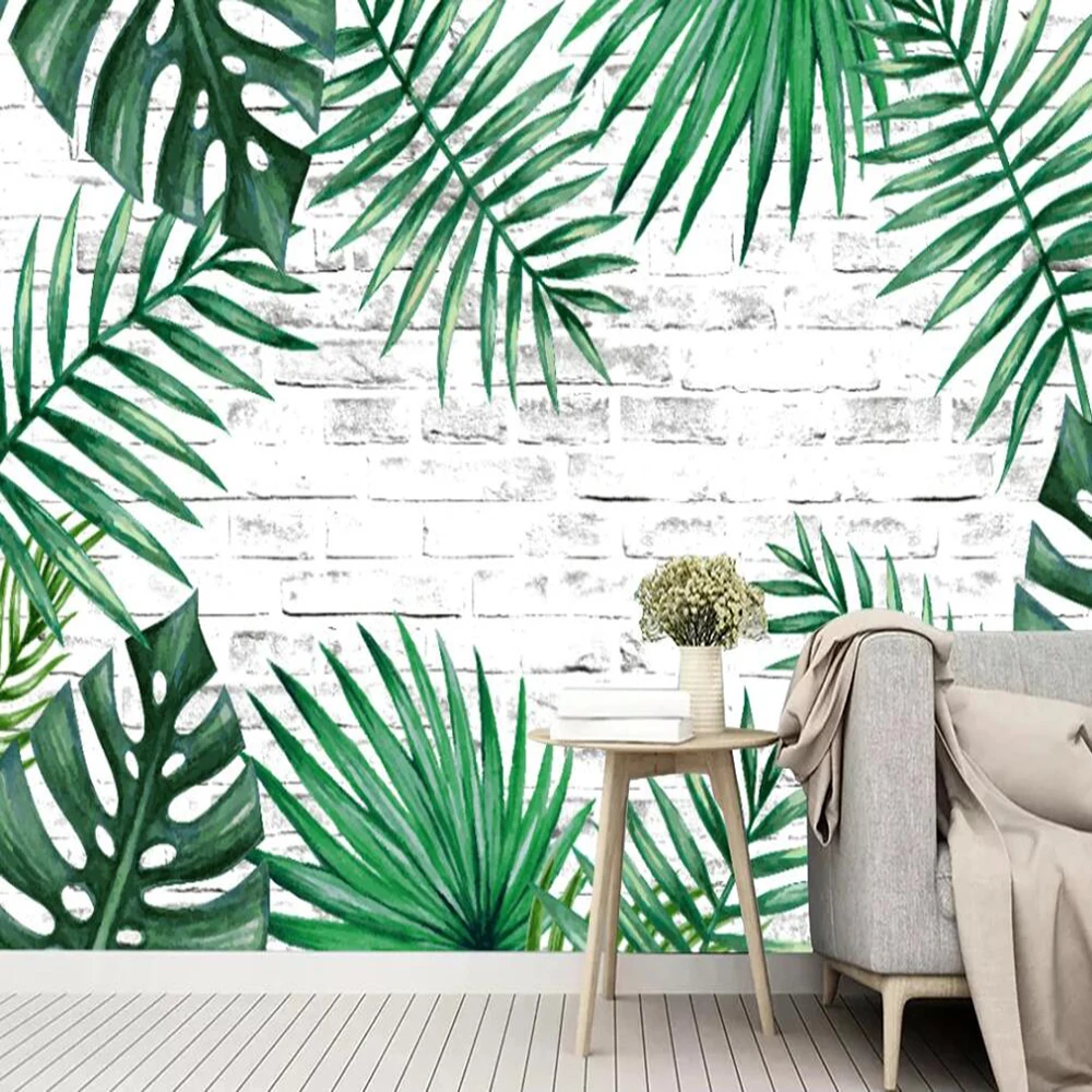 

Milofi Custom Large 3D Wallpaper Mural Nordic Simple Brick Wall Green Banana Leaf Background Wall Decoration Mural Wallpaper