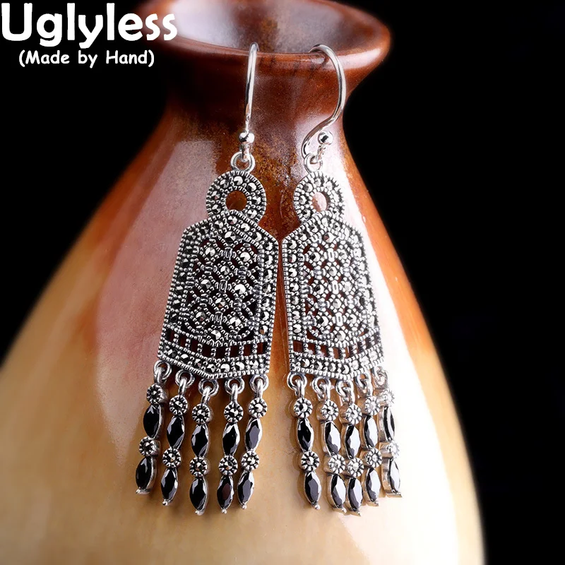 Uglyless Unusual Dangle Tassels Exotic Earrings Women Garnet Earring Exaggerated Big Square Brincos 925 Silver Marcasite Jewelry