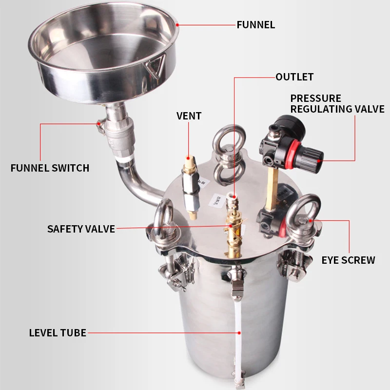 Barril de pressão de aço inoxidável 3L, com funil, com nível de líquido, tanque de pressão, barril de armazenamento de cola, pressão do dispensador