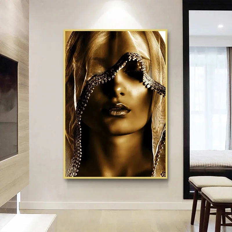 

The Woman Under Turban Golden Canvas Painting Gold Posters and Prints Luxury Style Wall Art Pictures for Living Room Decoration