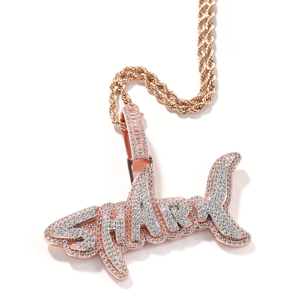 UWIN SHARK Pendant Necklace for Women Men Iced Out Bling Cubic Zirconia Charms Rose Gold Silver Color Fashion Hip Hop Jewelry