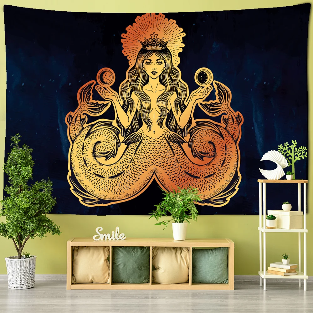 Double Tailed Mermaid Tapestry Wall Hanging Indian Yoga Golden Crown Hippie Sun Moon Bohemian Dormitory Decor