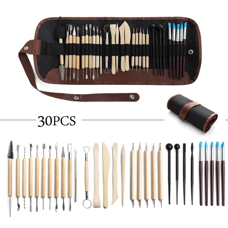 30pcs DIY Clay Pottery Tool Set Drill Pen Ceramics Sculpting Carving knife Sculpture Craft Wooden Handle Modeling Kit