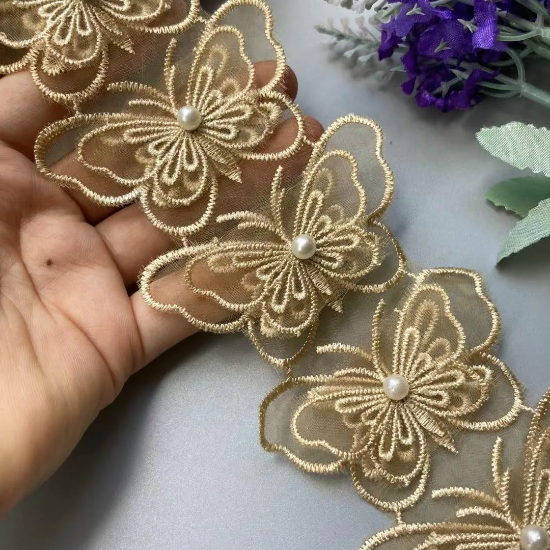 2 yards Gold Double Layer Butterfly Lace Trim Ribbon Embroidered Fabric Polyester Pearl Flower DIY Sewing Craft For Hat Craft