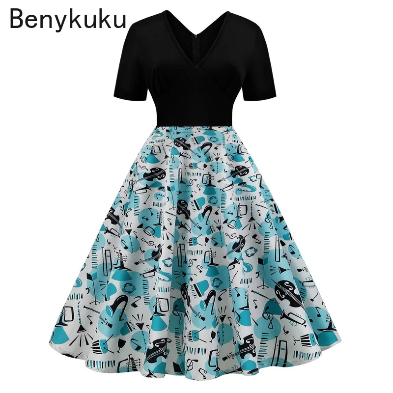 

Musical Note Print V-neck Rockabilly Vintage Dress Retro Womens Clothing Short Sleeve Swing Pin Up Party Dresses Sundress