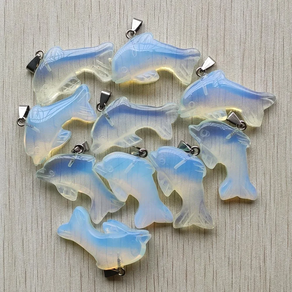 

Wholesale 10pcs/lot fashion good quality opalite stone carved Dolphin shape pendant for jewelry accessories making free shipping