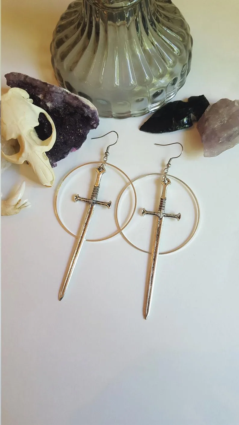 Swords metal hoop earrings Witchy warior pagan vikin alternative gothic medieval silver color Classic tarot CARDS gift women