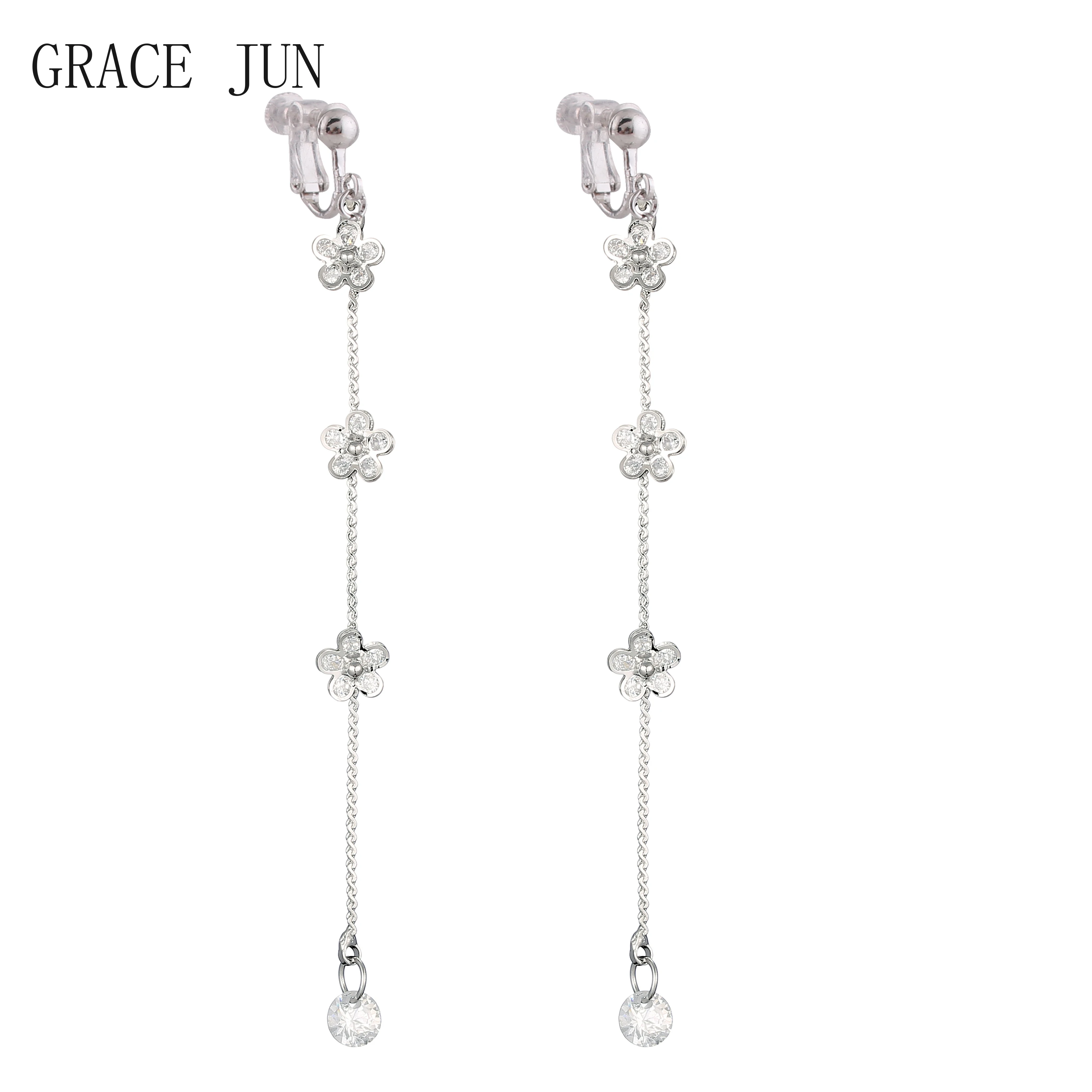 GRACE JUN Korea Style long Tassel Cubic Zircon Flower Shape Clip on Earrings for Women Bridal Wedding Drop Earring Cute Ear Clip