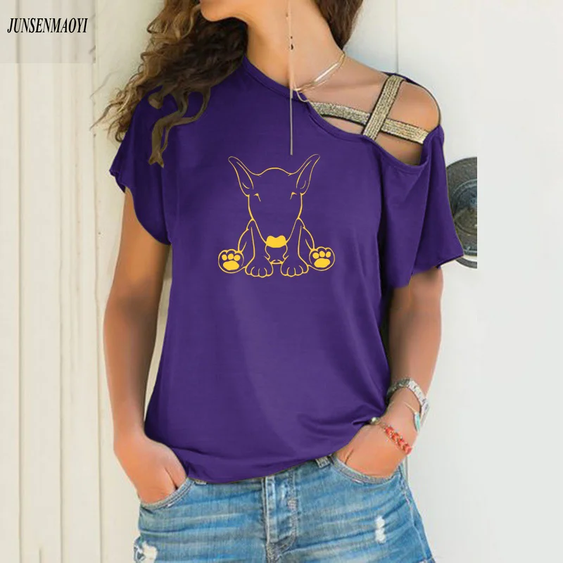 Women fashion Summer new Bull Terrier Dog print graphic t shirts Causal Short Sleeve t shirt Irregular Skew Cross Bandage Tops