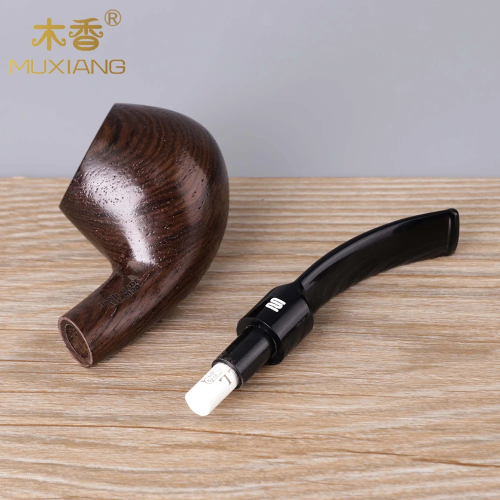 RU-Classical Ebony Wood Pipe Bent Acrylic Mouthpiece Wooden Pipe Smoke Fit for 9mm Filter with Portable Smoking Tools Kit ac0027