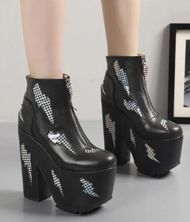 Roman Patchy Multi Lighting High Platform Super Chunky Heel Ankle Boots Women Front Zip Black Cow Leather Short Boots